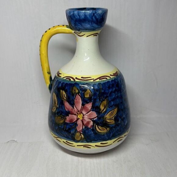 Handpainted Blue Yellow Floral Ceramic Jug Pitcher Vase Annabella 8” - Picture 1 of 8